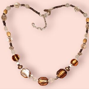 Signed beaded necklace earth tones silvertone adjustable chain